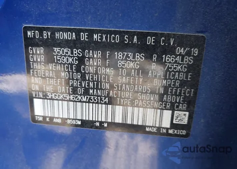 2019 Honda Fit Sport from USA, damaged, VIN 3HGGK5H62KM733134